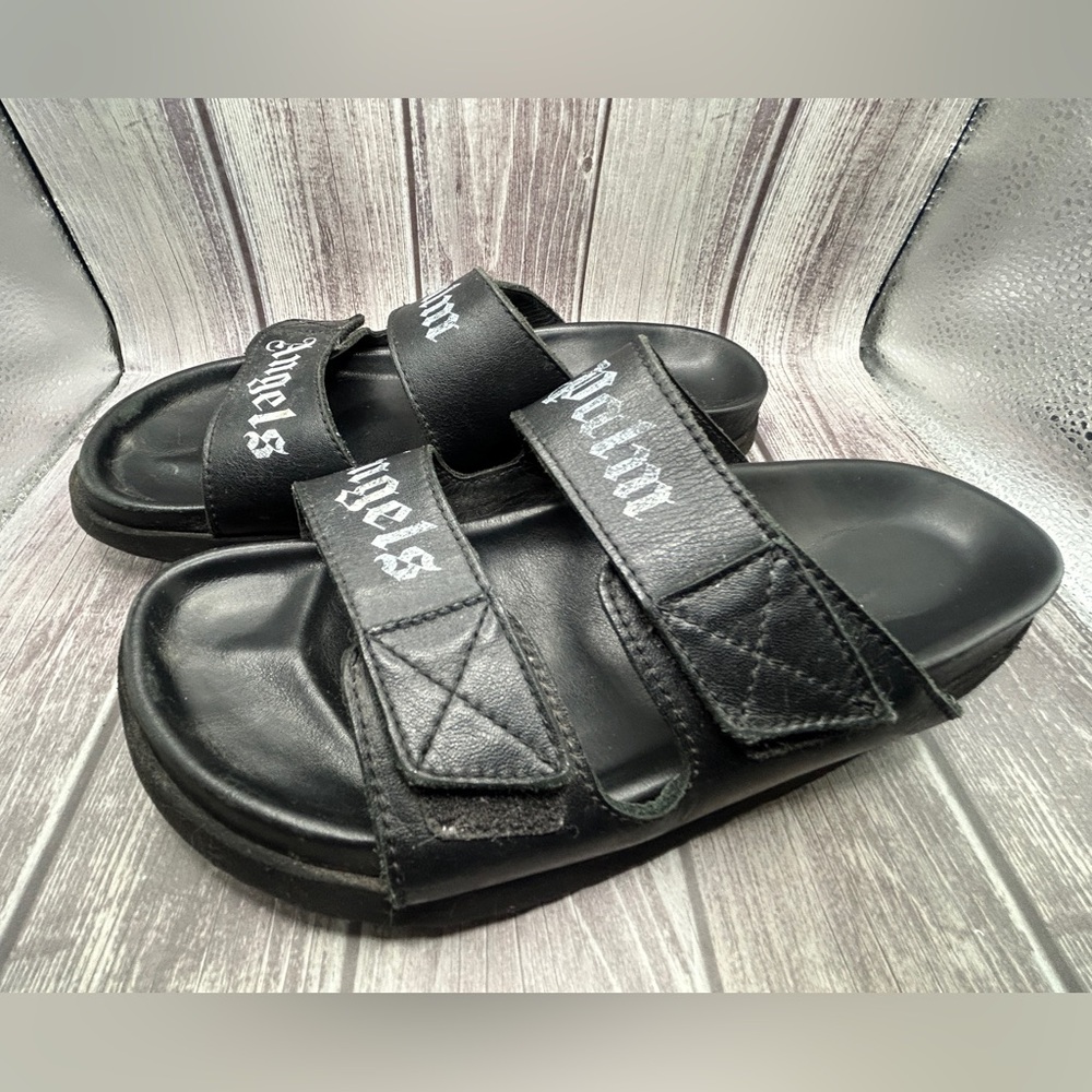 PALM ANGELS Double Strap Leather Slide Sandals Black White Logo + Box & Dust Bag - Picture 5 of 14